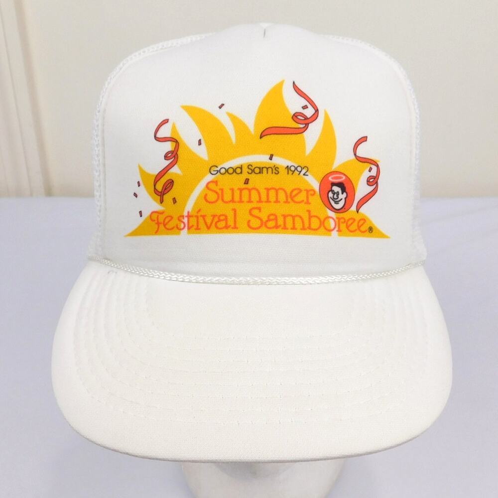 Vintage Good Sam's Trucker Hat 1992 Summer Festival Samboree White Adjustable